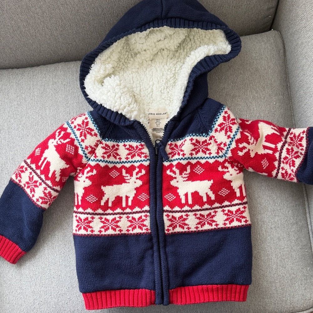 2t EUC Rorie Whelan Festive Reindeer Knit Hoodie w/ Sherpa lining - Navy and Red